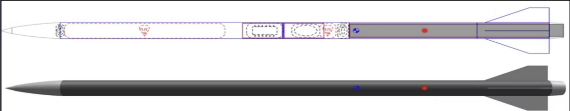Full-scale vehicle OpenRocket configuration alongside the finished airframe