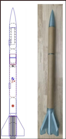 Small-scale vehicle OpenRocket configuration alongside the assembled small-scale airframe